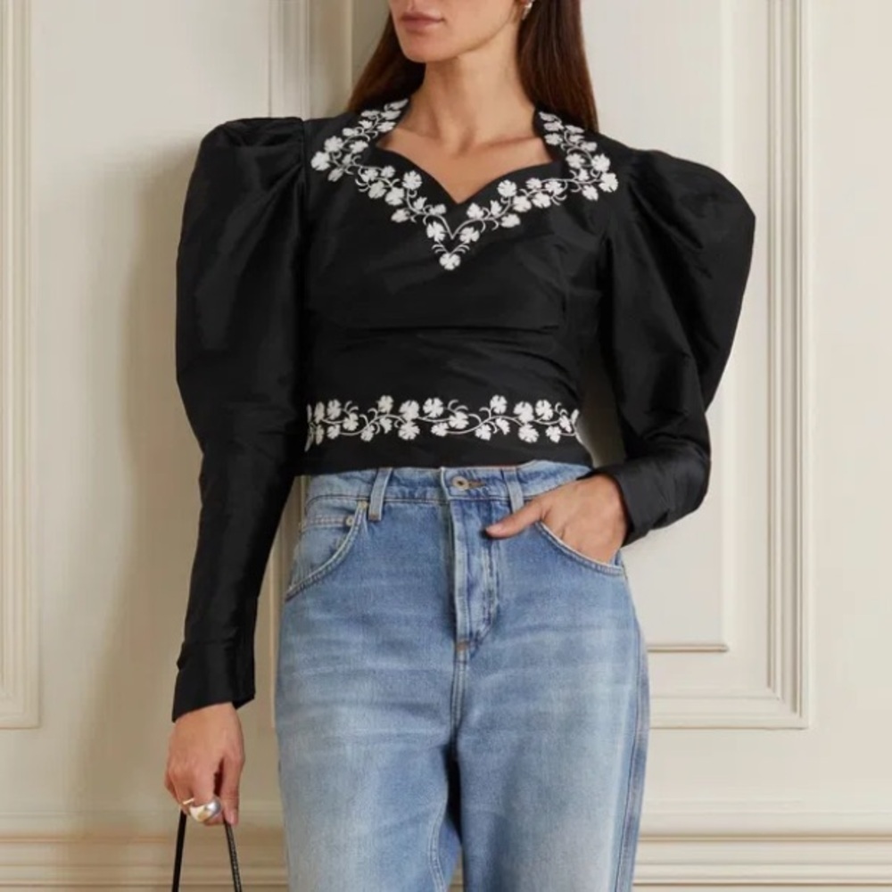 NEW BATSHEVA Ines Cropped Embroidered Duchesse-Satin Black/White Floral Blouse